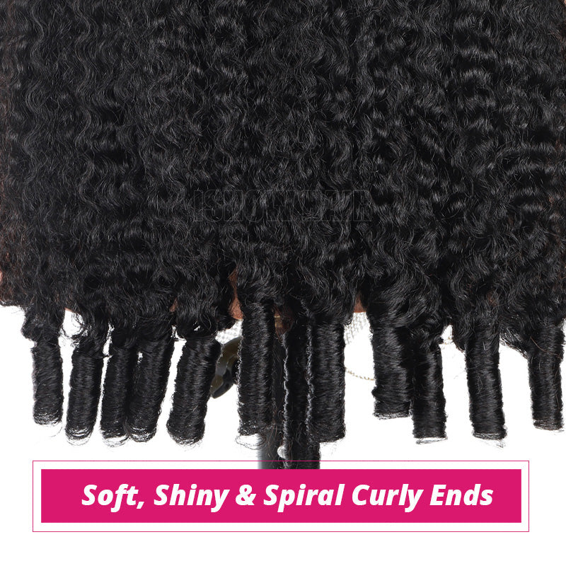 Black Burmese Curly Hair Wig, Shown Against A White Background With A Pink Text Banner At The Bottom Reading 'soft, Shiny & Spiral Curly Ends'.