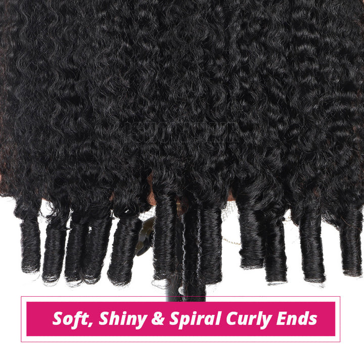 Black Burmese Curly Hair Wig, Shown Against A White Background With A Pink Text Banner At The Bottom Reading 'soft, Shiny & Spiral Curly Ends'.
