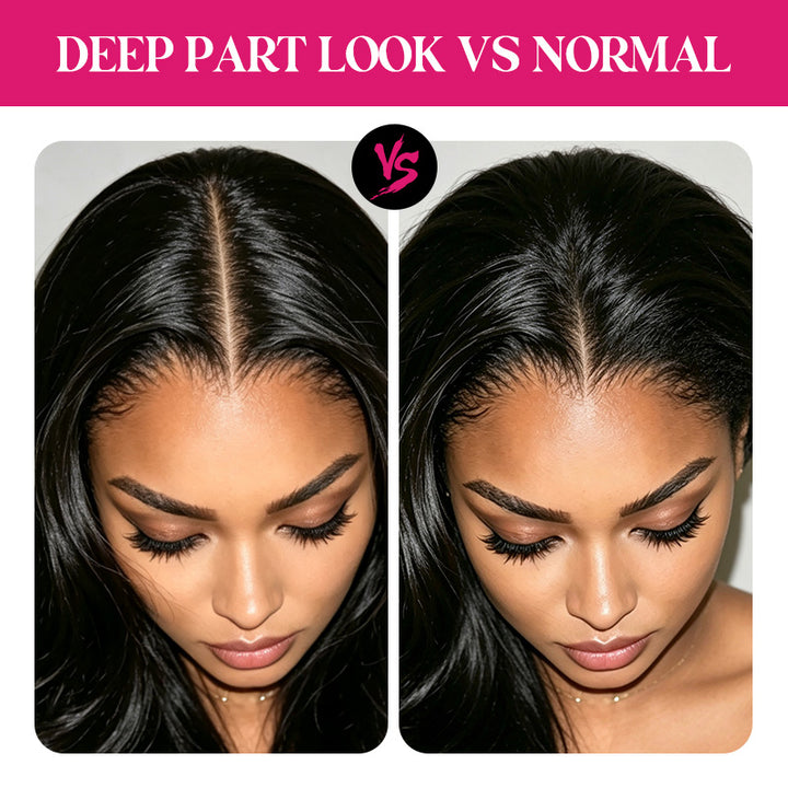 A Side-By-Side Comparison Graphic Labeled 'deep Part Look Vs Normal' Showing A Woman's Hair And Part Line. The Left Panel Has A Deep Part, And The Right Panel Has A Normal Part.