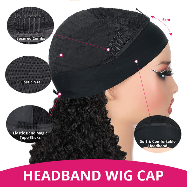 Black Wig Cap Headband Shown On A Mannequin Head , Plus Circular Inset Callouts Explaining Secured Combs, Elastic Net, Elastic Band Magic Tape Sticks, And Soft Comfortable Headband.