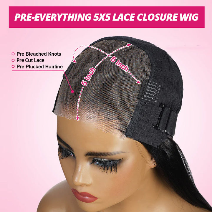 A Mannequin Head Wearing A 5x5 Lace Closure Wig With Overlaid Text And Arrows Showing 5-Inch Measurements For Lace, Cut Lace, And Bleached Knots On A Pink Background.