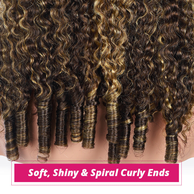 Close-Up Of Burmese Curly Wig Showing Deep Spiral Curls With Dark Brown To Black Base Tones And Warm Honey-Blonde Highlights. A Pink Banner At The Bottom Reads 'soft, Shiny & Spiral Curly Ends.