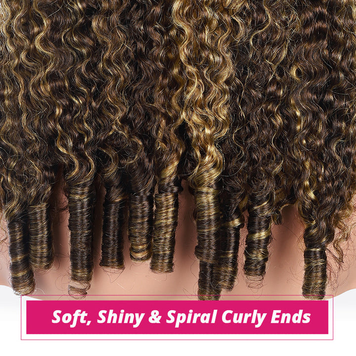 Close-Up Of Burmese Curly Wig Showing Deep Spiral Curls With Dark Brown To Black Base Tones And Warm Honey-Blonde Highlights. A Pink Banner At The Bottom Reads 'soft, Shiny & Spiral Curly Ends.