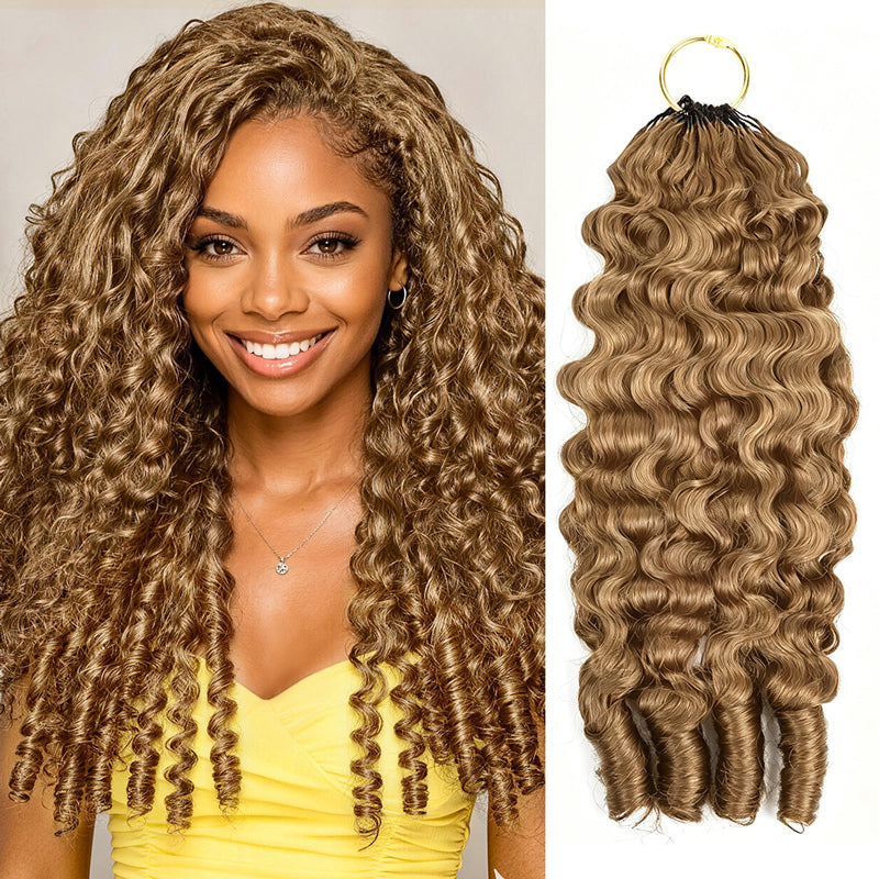 Woman With Burmese Curly Crochet Hair Next To A Close-Up Of Blonde Hair Extensions.