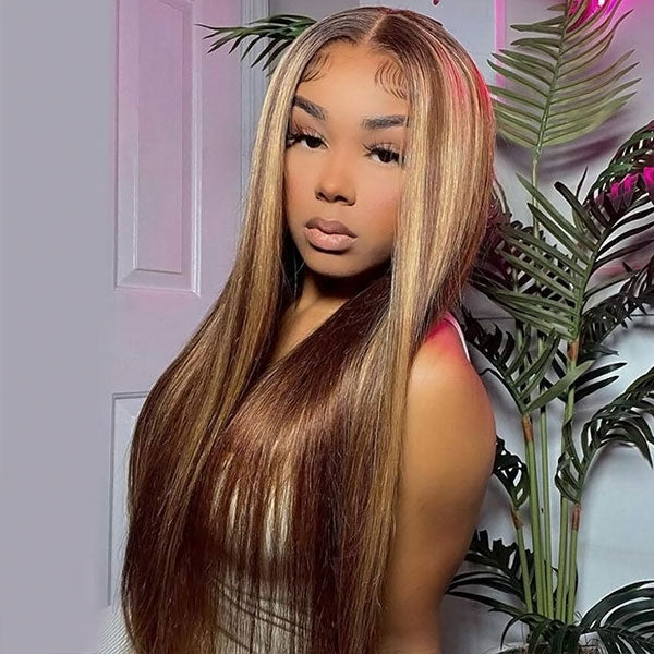 PPB Bleached Knots Straight Hair P4/27 Highlighted Wigs Glueless Pre Cut Wigs 13*4 Lace Frontal Wig