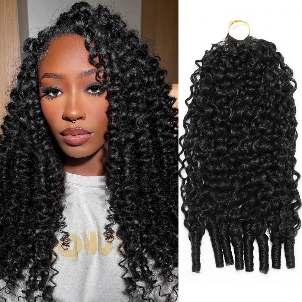 Woman With Burmese Curly Crochet Hair And A Close-Up Of Human Hair Extensions On A White Background