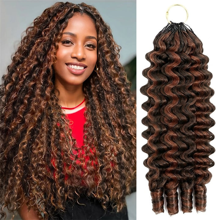 Woman With Long Burmese Curly Hair Next To A Bundle Of P4/30 Hair Extensions.