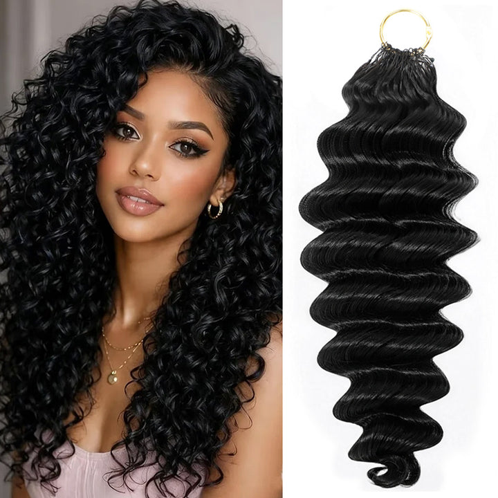 Woman With Long Black Loose Deep Wave Hair And A Close-Up Of Crochet Hair.