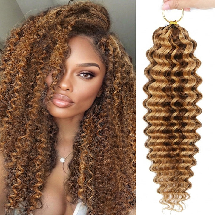Woman With P4/27 Deep Wave Crochet Hair Next To One Bundle Crochet Hair Extension