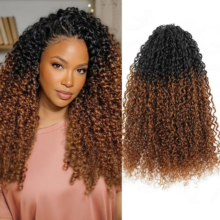Woman With Ombre Kinky Curly Hair And A Close-Up Of The Hair Extensions