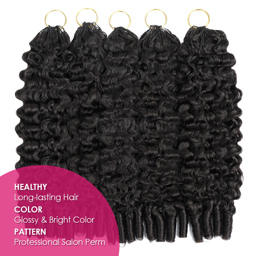 Three Burmese Curly Hair Extensions With A Pink Label Highlighting Healthy Hair Color And Pattern.