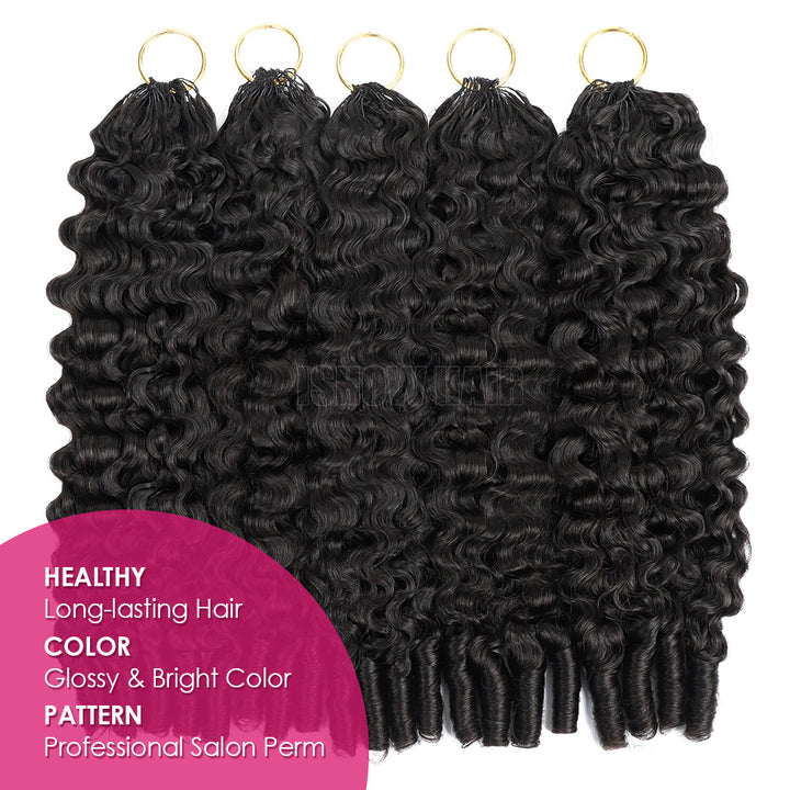 Three Burmese Curly Hair Extensions With A Pink Label Highlighting Healthy Hair Color And Pattern.