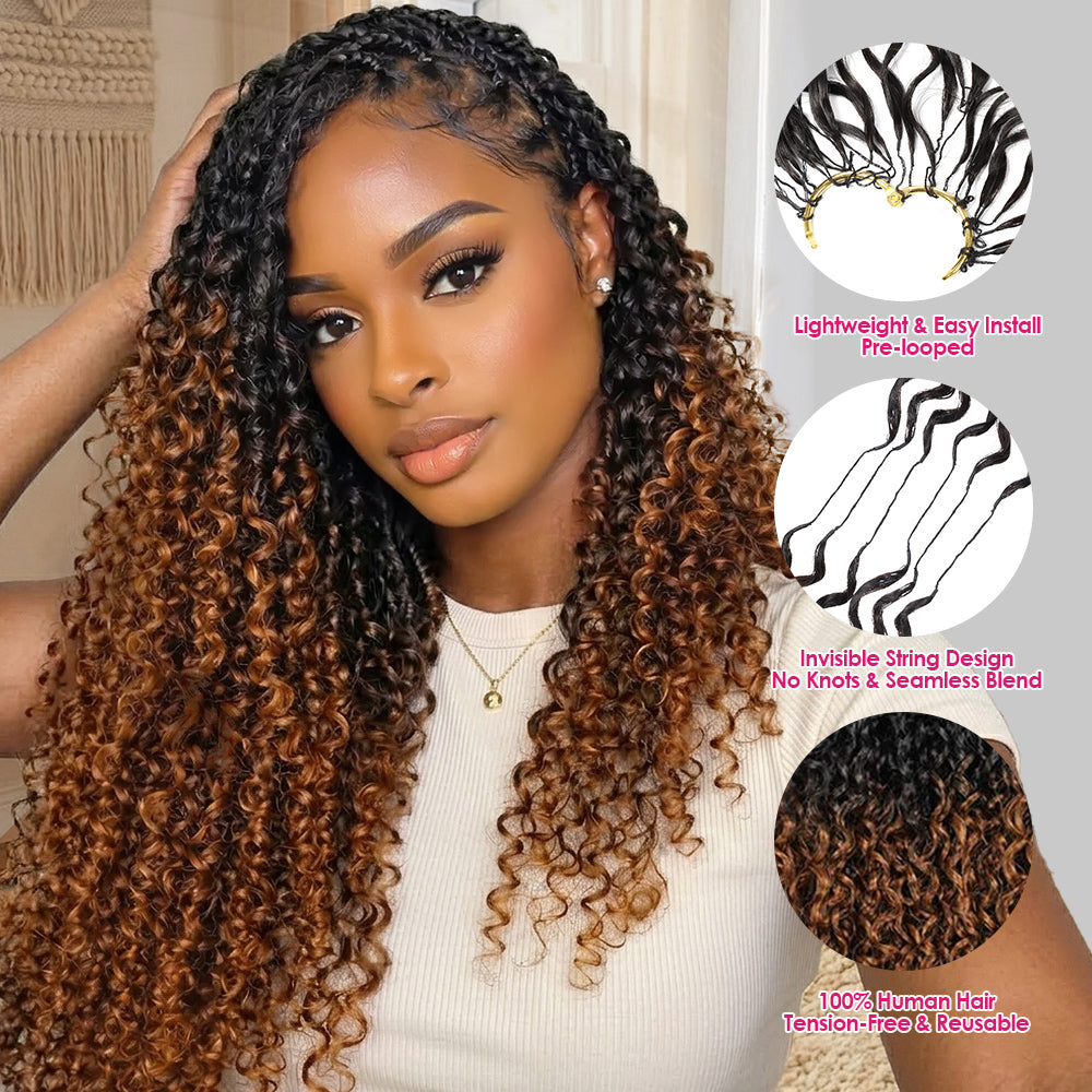 Woman With Kinky Curly Crochet Hair And Hair Extensions With Product Features Highlighted