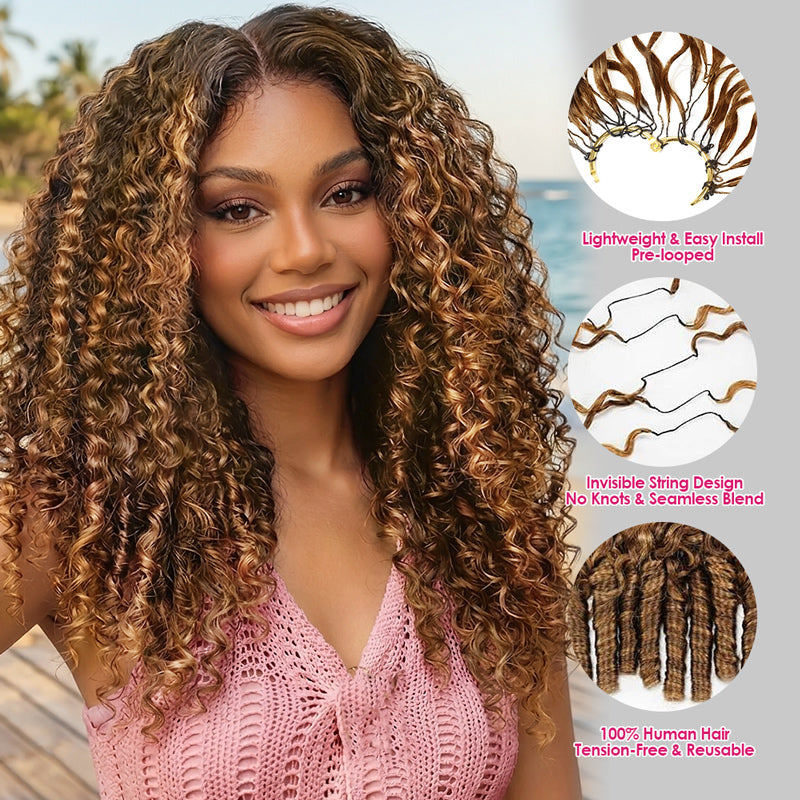 Woman With P4/27 Color Crochet Hair Extensions And Showing Hair Extensions Details