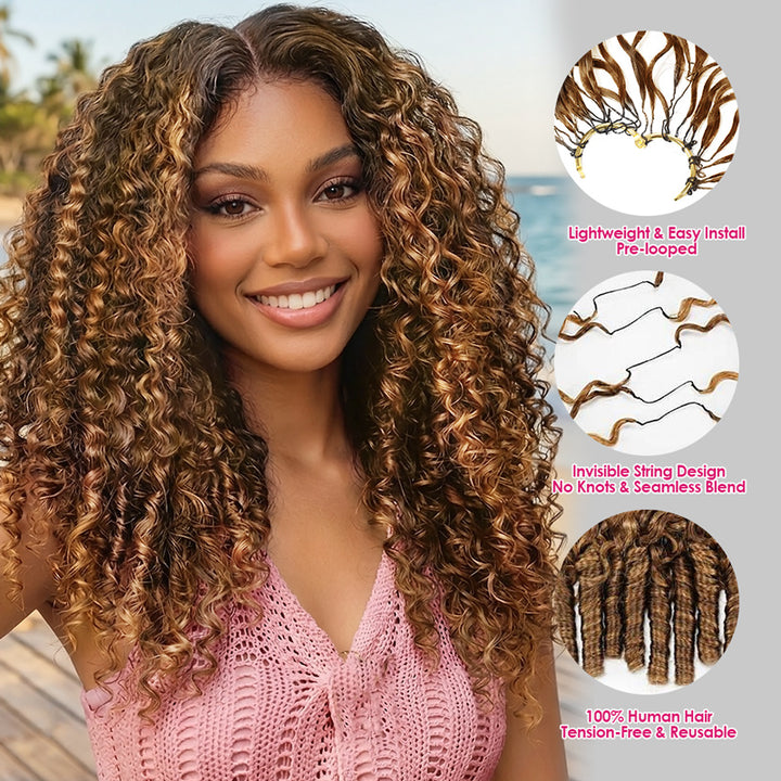 Woman With P4/27 Color Crochet Hair Extensions And Showing Hair Extensions Details