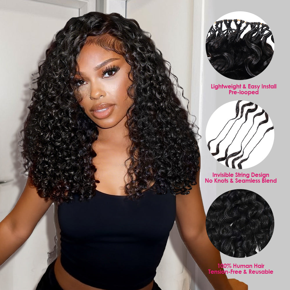 Woman Showcasing Burmese Curly Hairstyle Next To Three Characteristics Of Feather Crochet Hair Human Hair Extension From Ishow Beauty