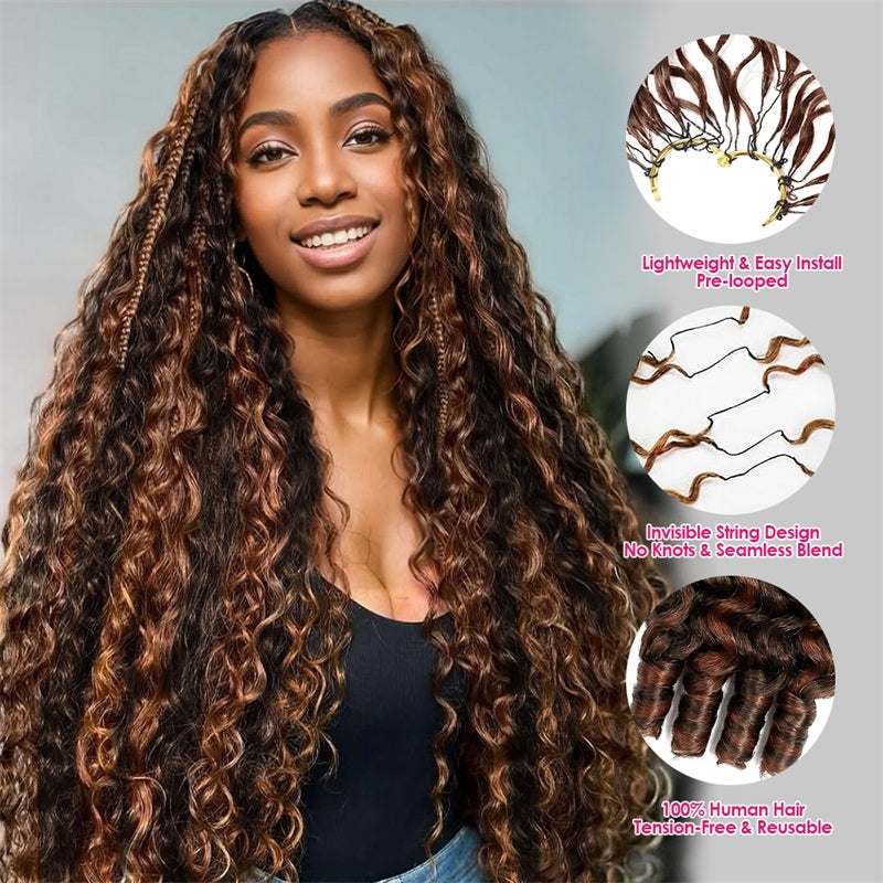 Woman With Feather Crochet Hair Next To Images Of Hair Extensions With Text Highlighting Features.