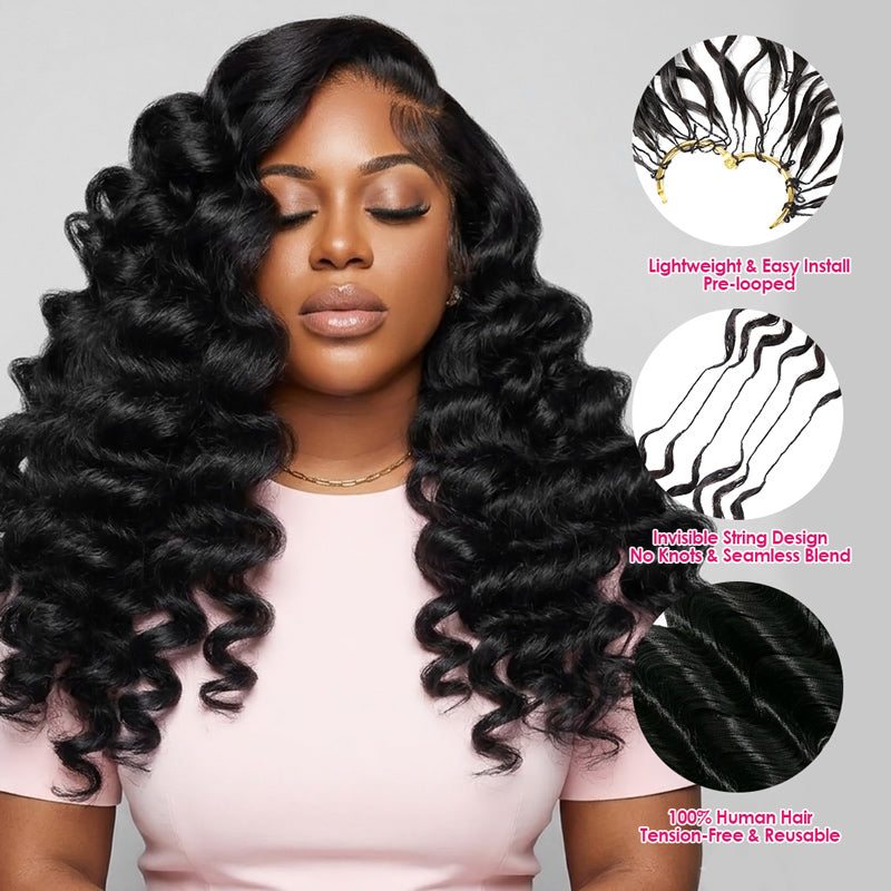 Woman With Loose Deep Wave Hair Extension And Insets Showing Hair Product Features On A Gray Background
