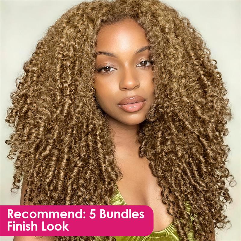 Woman With #27 Honey Blonde Hair Against A Plain Background With Text Saying Recommend Quantity