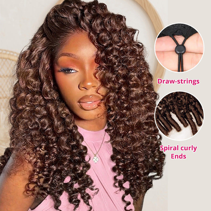 Woman With Brown Color Burmese Curly Hair And Close-Up Details Of Half Wig