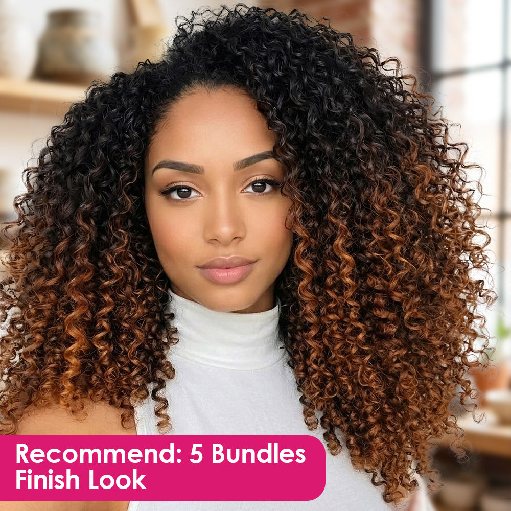 Woman With Crochet Hair Featuring Ombre Color, With Text Recommending 5 Bundles For A Finish Look.