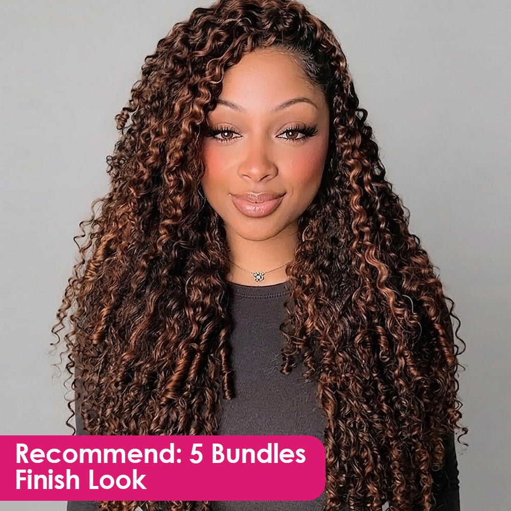 Woman With Burmese Curly Hair Extensionagainst A Gray Background With Text Overlay.