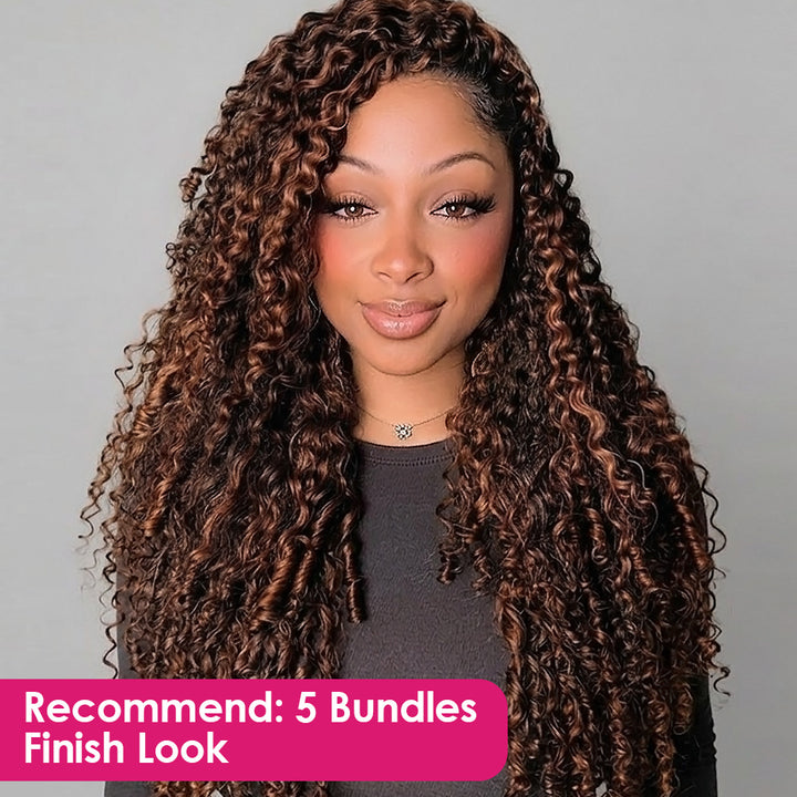 Woman With Burmese Curly Hair Extensionagainst A Gray Background With Text Overlay.