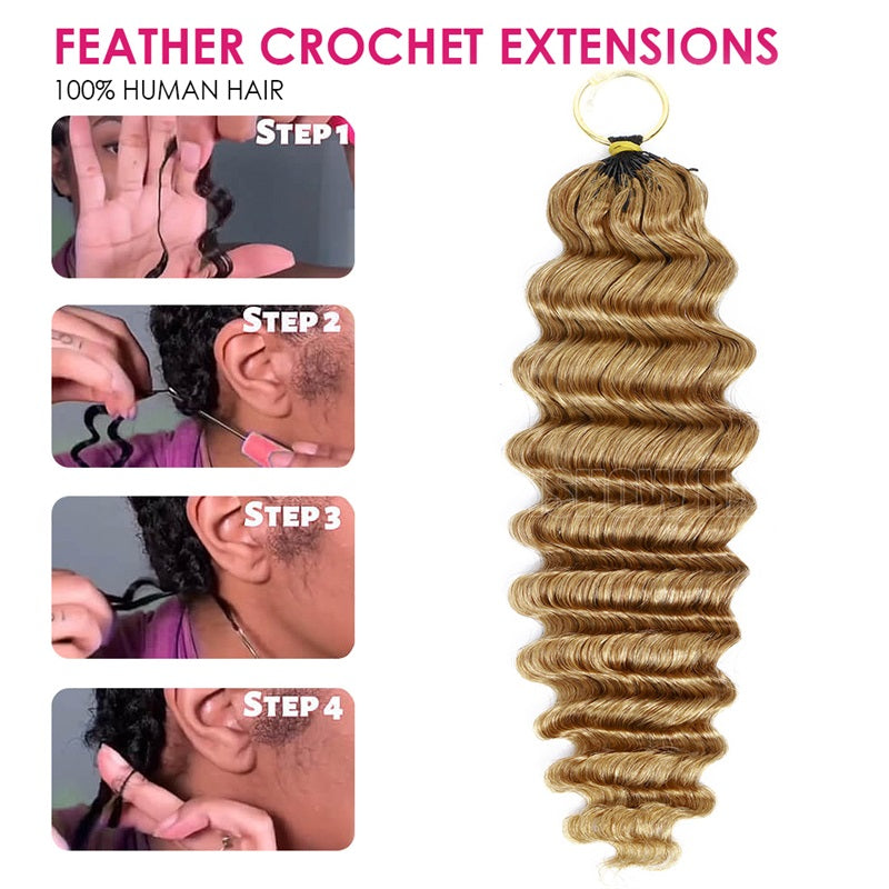 Ishow Crochet Extension Human Hair Deep Wave Feather Crochet Hair #27 Blonde Color Protective Hairstyle