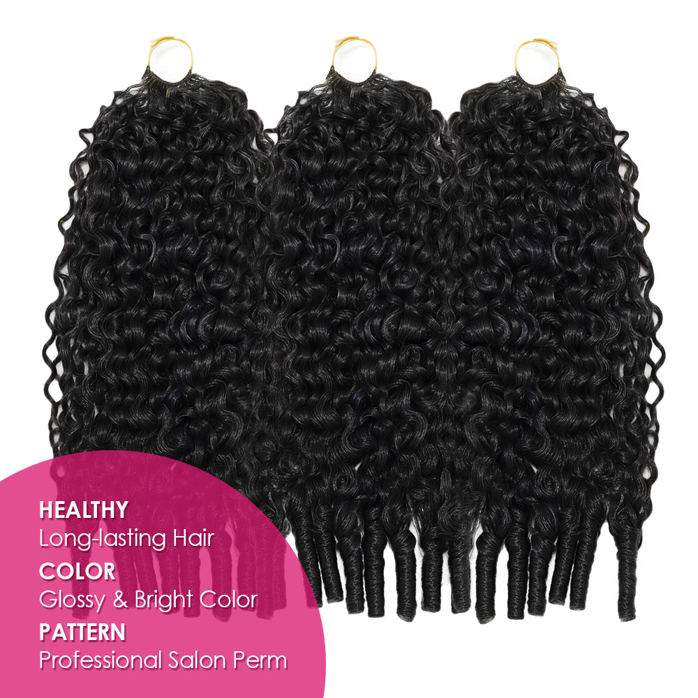 Three Burmese Curly Hair Extensions With A Pink Label Highlighting Healthy Hair Color And Pattern.