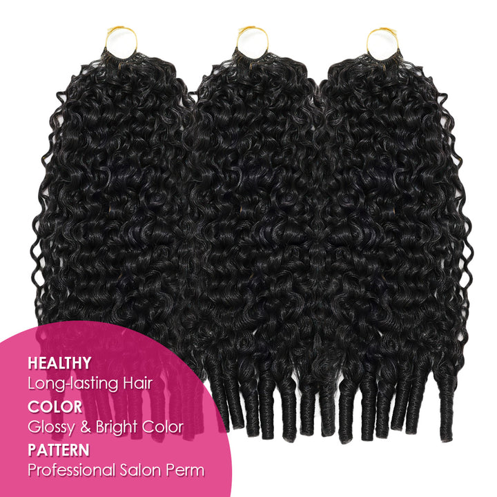 Three Burmese Curly Hair Extensions With A Pink Label Highlighting Healthy Hair Color And Pattern.