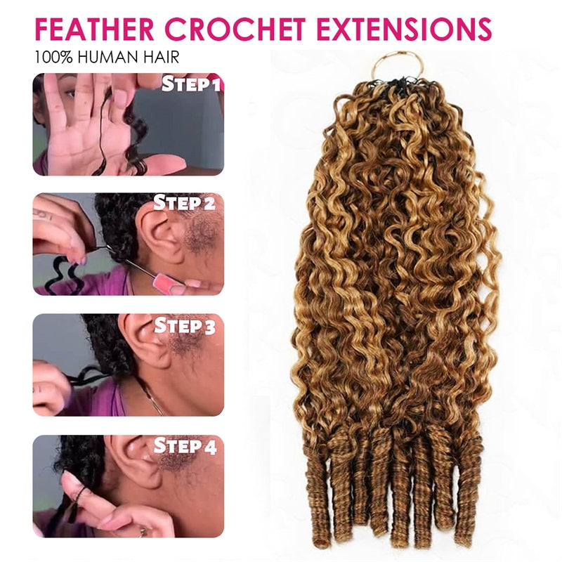 Feather Crochet Extensions With Step-By-Step Installation Guide On A White Background