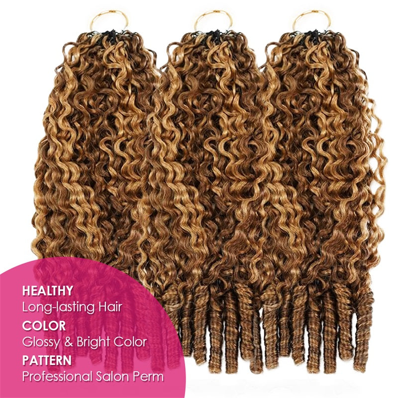 Three Packs Of Curly Hair Extensions With A Pink Label Highlighting Product Features.