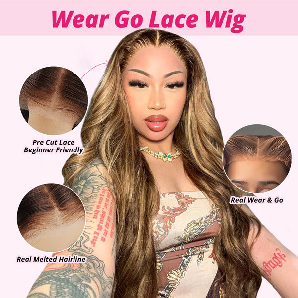Ishow PPB™ Invisible Knots Highlighted Honey Blonde Body Wave Wigs Wear Go Pre Cut Wigs 13x4 HD Lace Frontal Wig