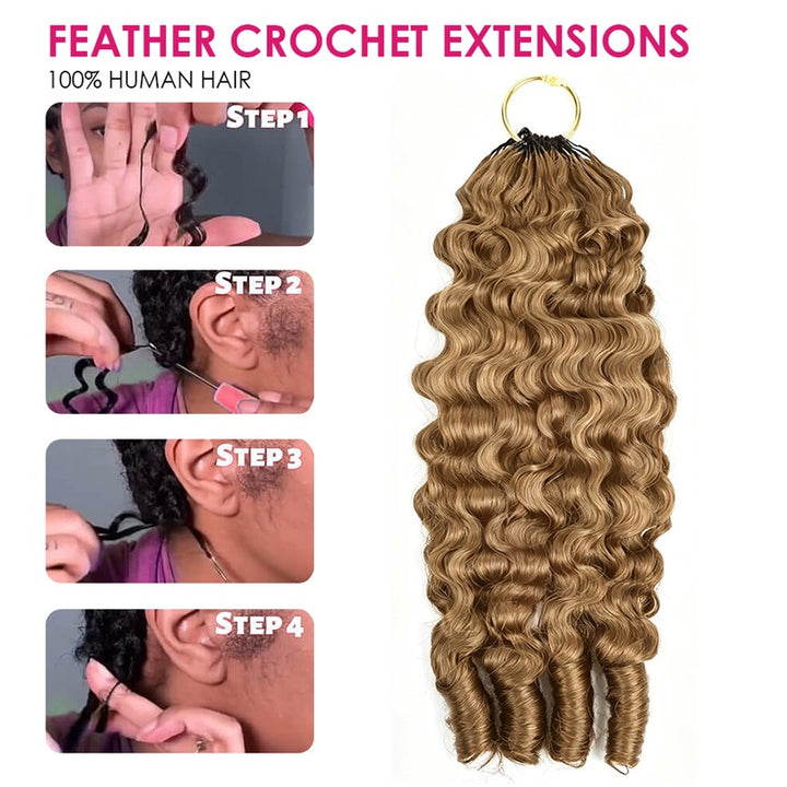 Step-By-Step Guide On How To Use Feather Crochet Hair Extensions With A Final Product Display.