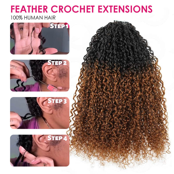 Feather Crochet Hair Extensions With Step-By-Step Installation Guide On A White Background