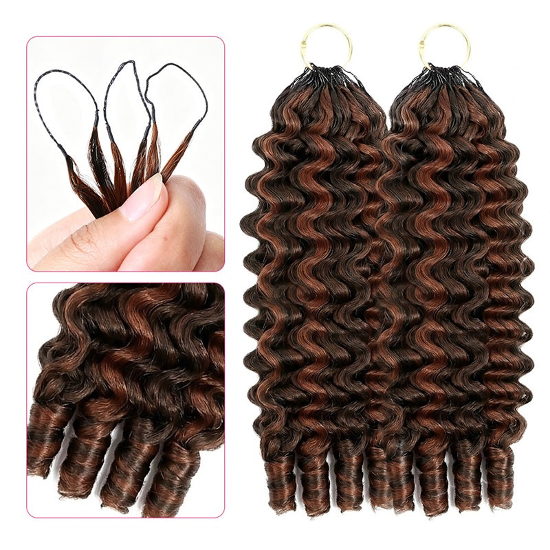 P4/30 Color Burmese Curly Hair Extensions With Close-Up Details On A White Background