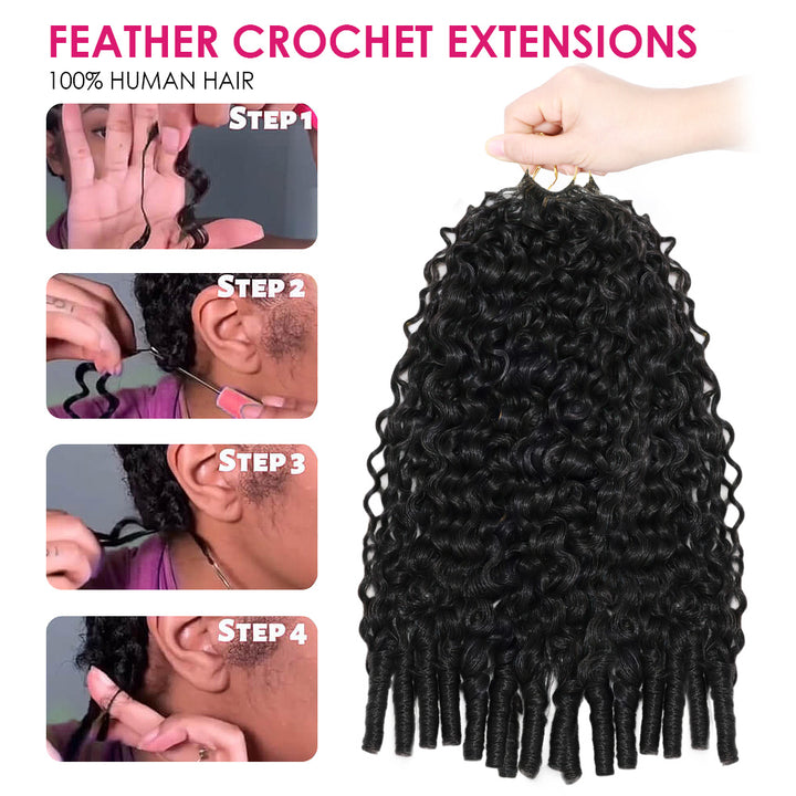 Step-By-Step Guide On How To Use Feather Crochet Hair Extensions With Close-Up Shots Of Application.