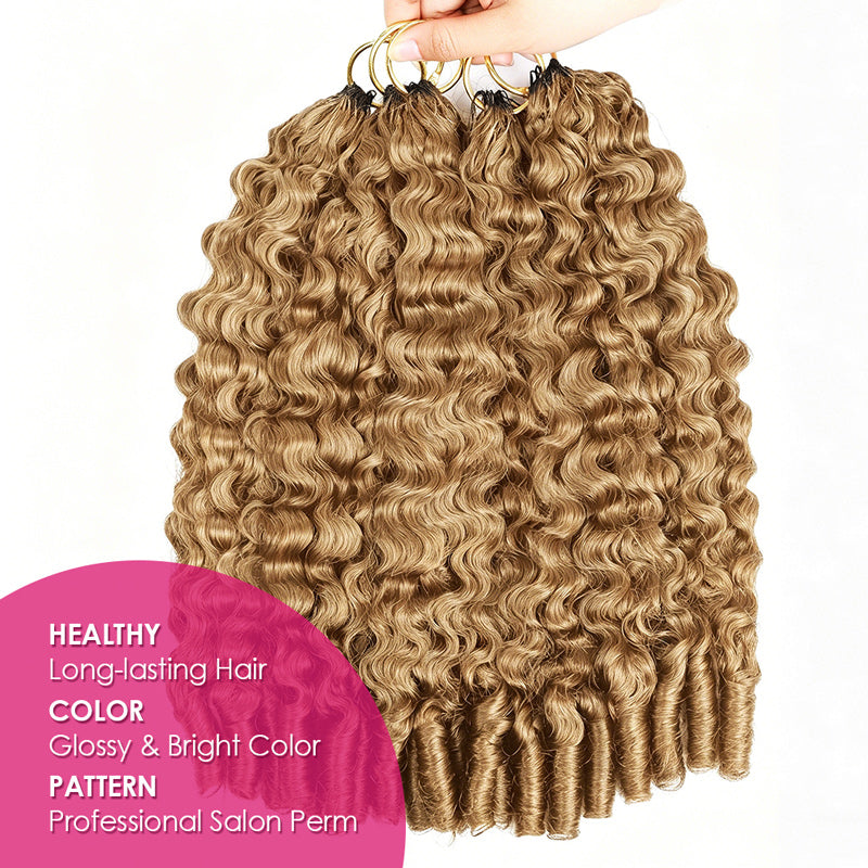 Blonde Burmese Curly Hair Extensions Held By A Hand With Promotional Text On A White Background