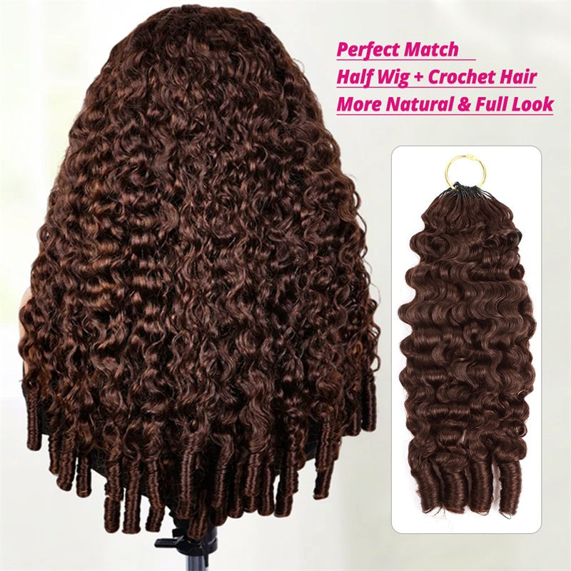 Perfect Match:Brown Burmese Curly Half Wig On A Mannequin Head With A Close-Up Of Crochet Hair Extension