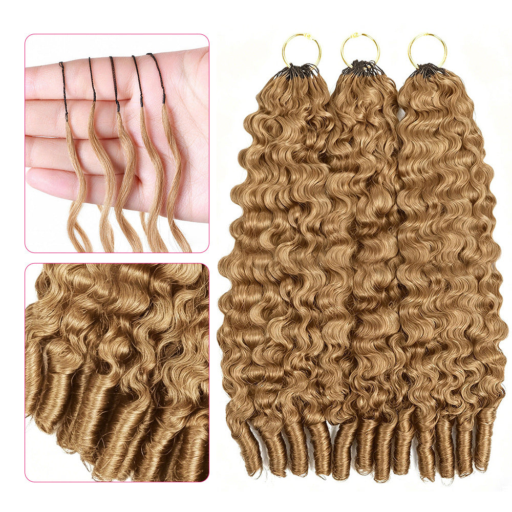 Blonde Burmese Curly Hair Extensions With Close-Up Of Hair Strands On A White Background