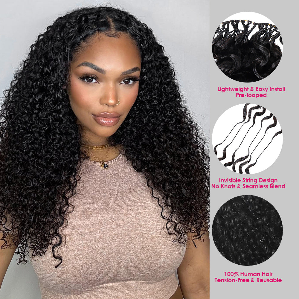 Kinky Curly Pre-Looped Feather Hair, Feature With Invisible String Design