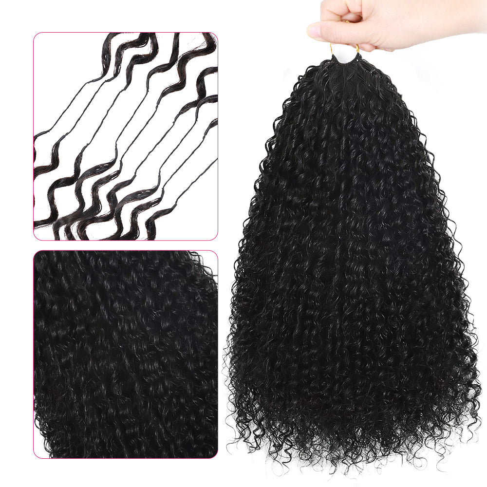 Black Kinky Curly Hair Extension Held By A Hand With Close-Up Insets Showing Texture And Style.