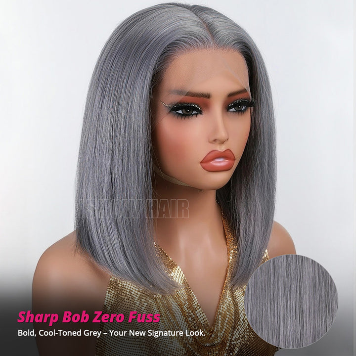 Gray Short Bob Wig On A Mannequin Head With A Plain Background