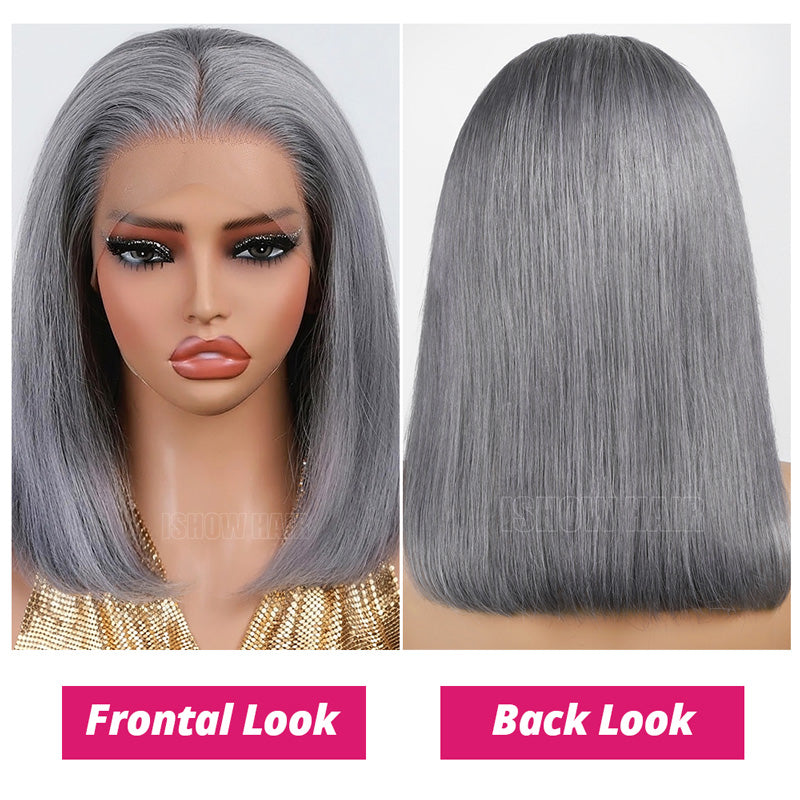 Gray Wig Shown From Front And Back On A Mannequin Head.