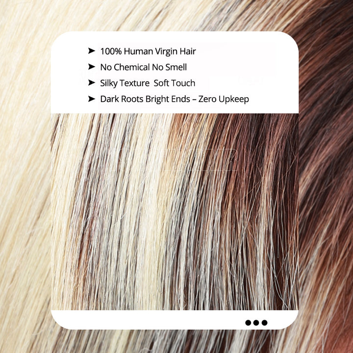 Close-Up Of Hair Wig With Text Highlighting Features Like 100% Human Virgin Hair And Zero Upkeep.