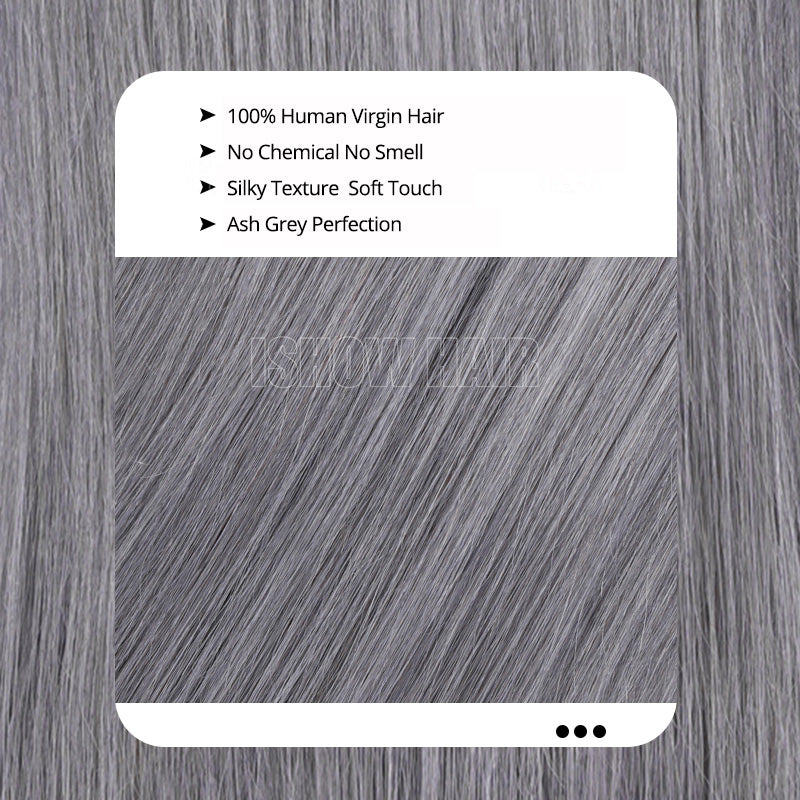 Gray Hair Wig With Product Features On A Wooden Background