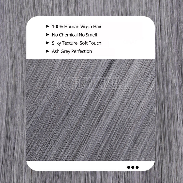 Gray Hair Wig With Product Features On A Wooden Background