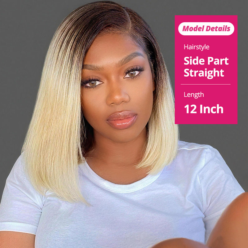 Woman With A Side-Part Straight Hair Wig, 12-Inch Length, On A Gray Background.