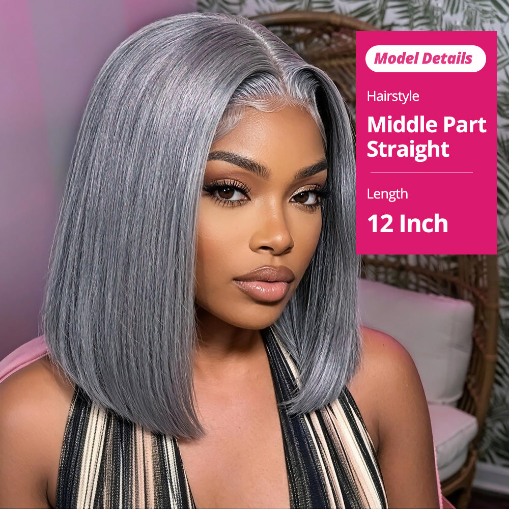 Woman With Gray Straight Hair Styled In A Middle Part, Wearing A Striped Top, With Model Details On A Pink Background.
