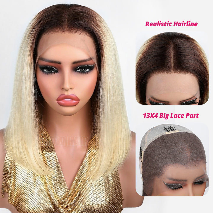 T4/613 Color Bob Wig With A Realistic Hairline And 13x4 Big Lace Part On A Mannequin Head.